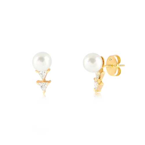 Brinco Pérola com Pedra Triangular de Zircônia Folheado a Ouro 18K