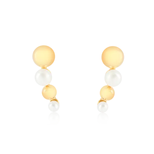 Brinco Ear Cuff Liso Bola e Pérola Folheado a Ouro 18K