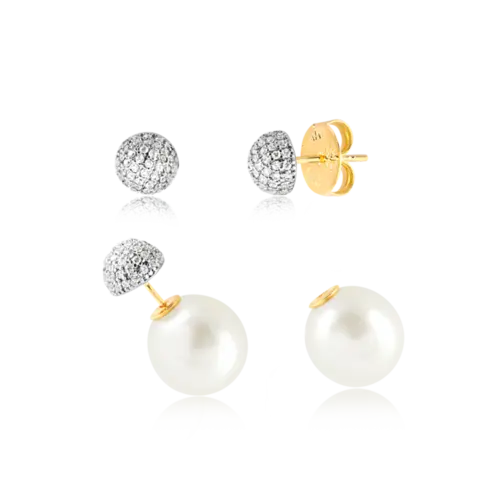 Brinco Meia Bola Cravejada de Zircônia Dior com Pérola Folheado a Ouro 18K