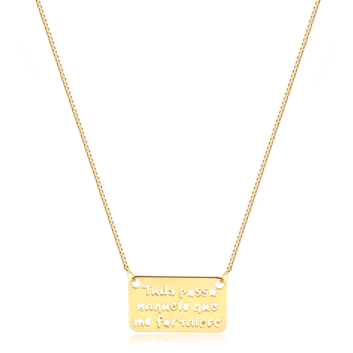 Gargantilha Veneziana com Placa Vazada Tudo Posso Naquele Folheada a Ouro 18k