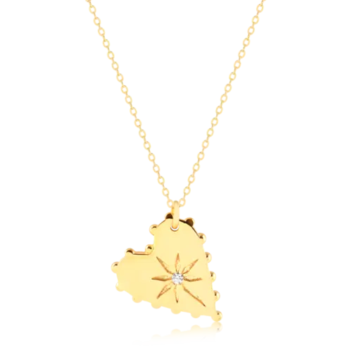 Gargantilha Coração Liso com Estrela e Pedra de Zircônia Folheada a Ouro 18k