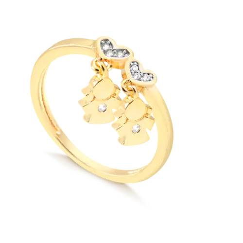 Anel Liso Coração Com Pingente Duas Meninas e Pedra de Zircônia Folheado a Ouro 18k