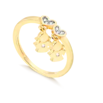 Anel Liso Coração Com Pingente Duas Meninas e Pedra de Zircônia Folheado a Ouro 18k