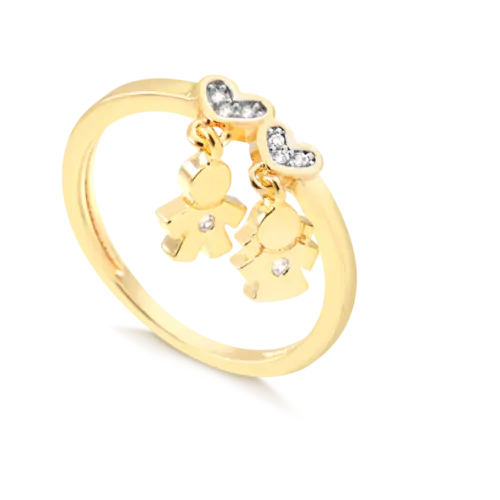 Anel Liso Coração Com Pingente Casal e Pedra de Zircônia Folheado a Ouro 18k