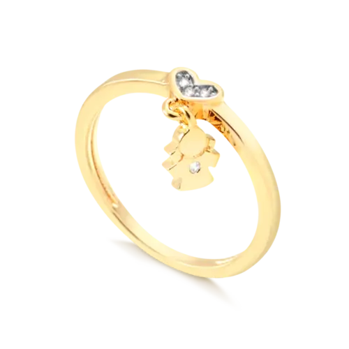 Anel Liso Coração Com Pingente Menina e Pedra de Zircônia Folheado a Ouro 18k