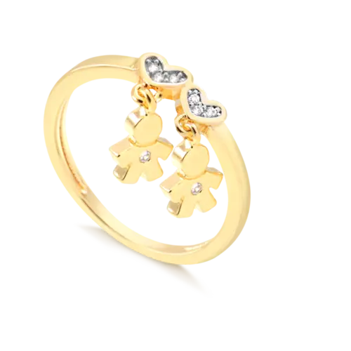 Anel Liso Coração Com Pingente Menino e Pedra de Zircônia Folheado a Ouro 18k