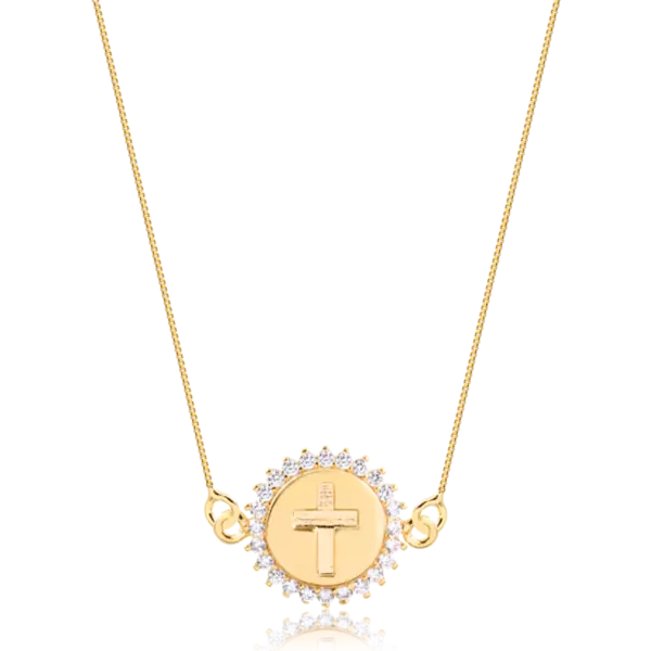 Gargantilha Cruz Redonda com Pedras de Zircônia Folheada a Ouro 18k