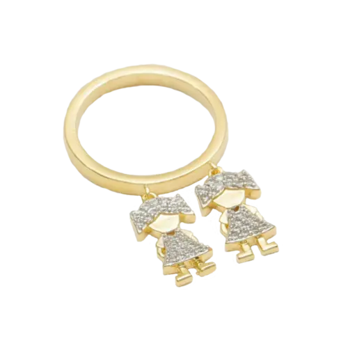 Anel Berloque Duas Meninas Cravejadas em Zircônia Folheado a Ouro 18K