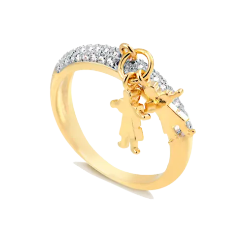 Anel Cravejado de Zircônia Com Pingente Dois Meninos Folheado a Ouro 18K