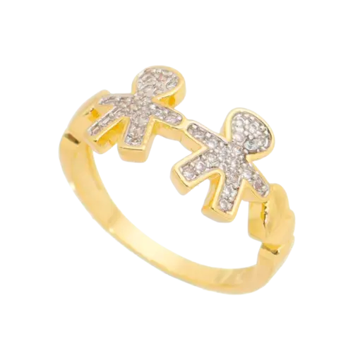 Anel Dois Meninos Cravejado Com Pedras de Zircônia Folheado a Ouro 18k