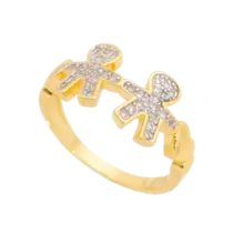 Anel Dois Meninos Cravejado Com Pedras de Zircônia Folheado a Ouro 18k