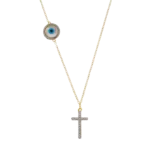 Gargantilha Com Olho Grego e Cruz Cravejada de Zircônia Folheada a Ouro 18k