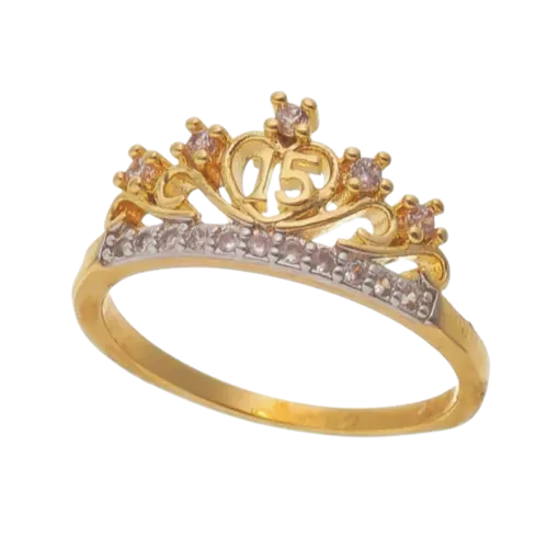 Anel Coroa Quinze Anos Com Pedras Cravejado em Zircônia Folheado a Ouro 18K