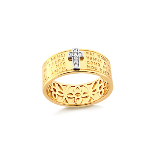 Anel Pai Nosso e Cruz Com Pedras de Zircônias Folheado a Ouro 18k