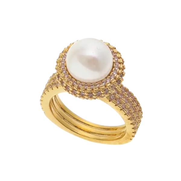 Anel Cravejado de Pedras de Zircônia Com Pérola Folheado a Ouro 18K
