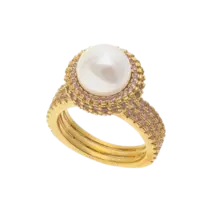 Anel Cravejado de Pedras de Zircônia Com Pérola Folheado a Ouro 18K
