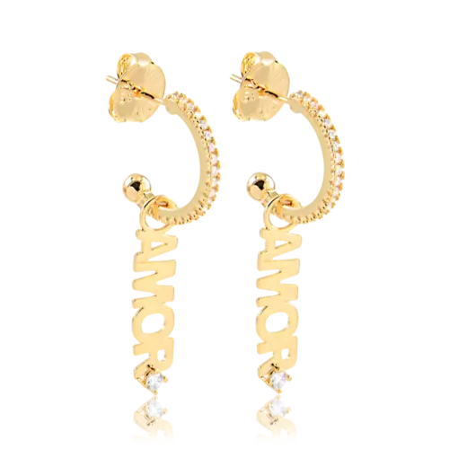 Brinco Meia Lua com Pingente Amor Cravejado de Zircônia Folheado a Ouro 18k