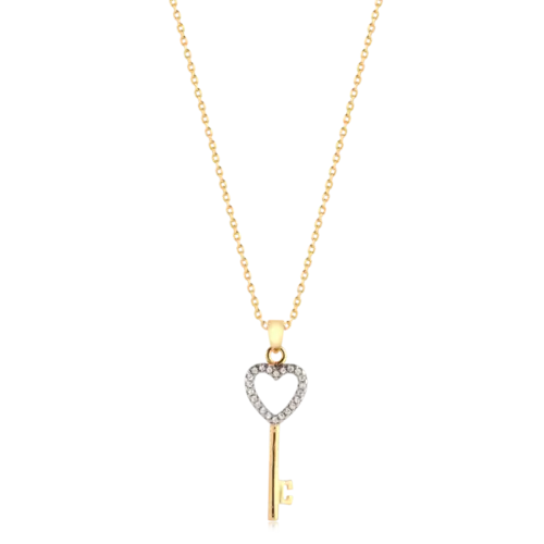 Pingente Chave com Coração Cravejado de Zircônia Folheada a Ouro 18k