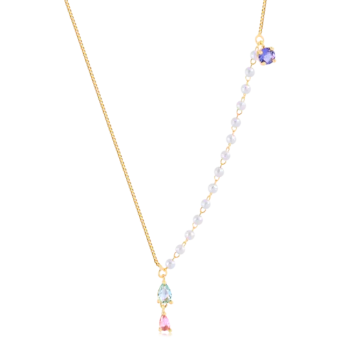 Gargantilha Com Pérolas e Pedras Coloridas Folheada a Ouro 18k