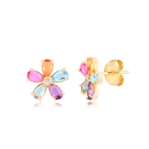 Brinco Flor Com Pétalas de Pedras Coloridas Folheado a Ouro 18k