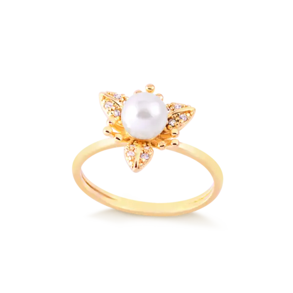 Anel Flor Com Pérola Folheado a Ouro 18k