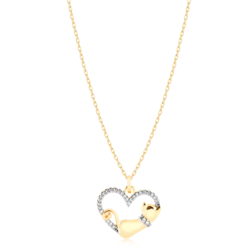 Pingente Coração Gatinho Cravejado Folheado a Ouro 18k