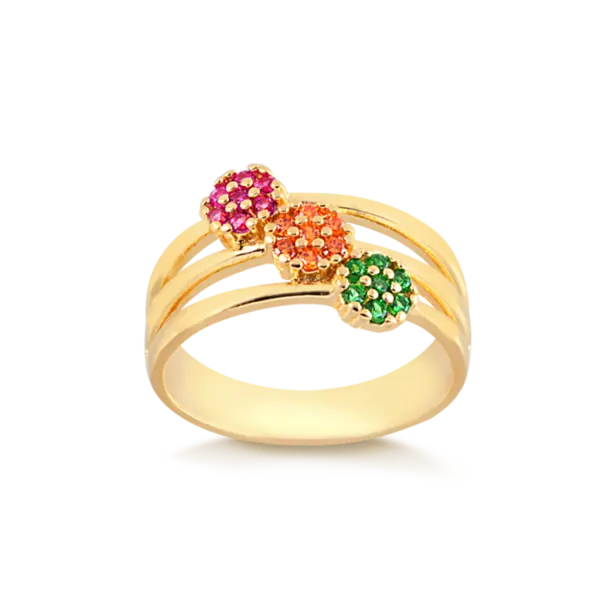 Anel Três Flores Com Pedras Coloridas Folheado a Ouro 18k