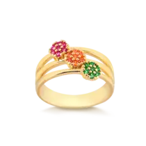 Anel Três Flores Com Pedras Coloridas Folheado a Ouro 18k