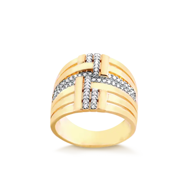 Anel Largo Com Tiras Lisas e Cravejadas Folheado a Ouro 18k