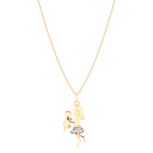 Pingente Pet Menina Com Gato Folheado a Ouro 18k