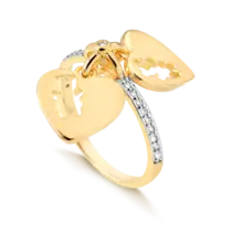 Anel Cravejado de Zircônia com Pingente Coração Duas Menina Vazado Folheado a Ouro 18K
