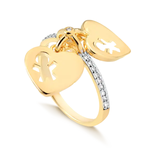 Anel Cravejado de Zircônia com Pingente Coração Dois Meninos Vazado Folheado a Ouro 18K