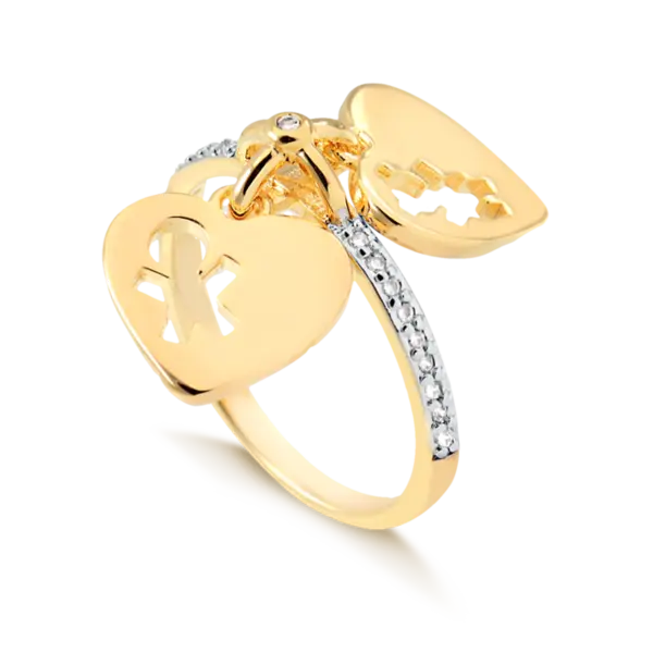 Anel Cravejado de Zircônia com Pingente Coração Casal Vazado Folheado a Ouro 18K