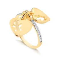 Anel Cravejado de Zircônia com Pingente Coração Casal Vazado Folheado a Ouro 18K