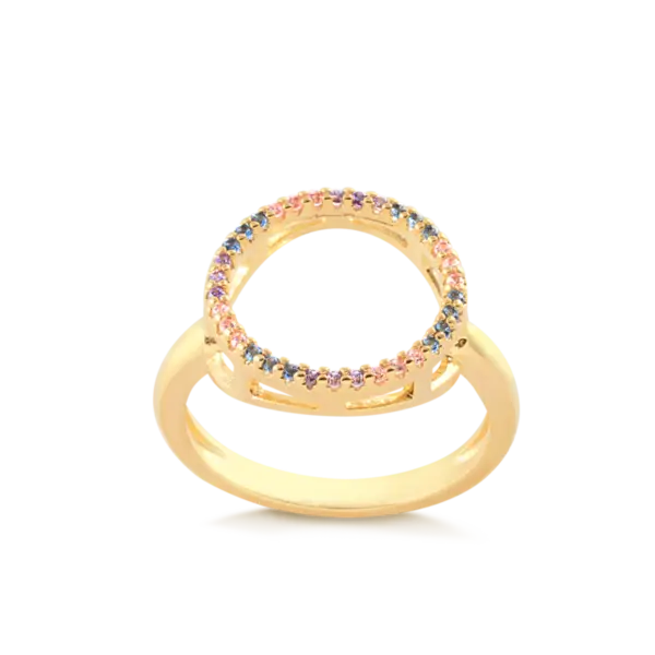 Anel Círculo Vazado Zircônias Coloridas Folheado a Ouro 18k