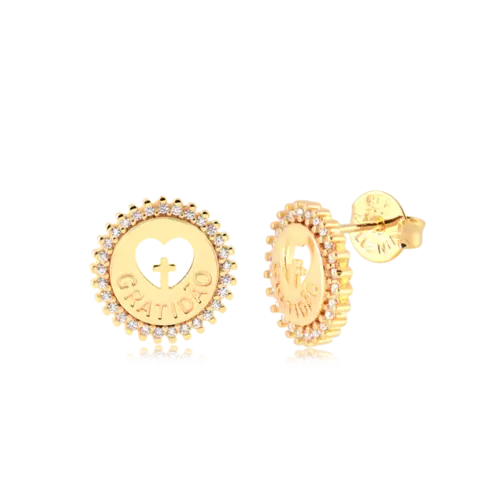 Brinco Gratidão Coração Com Zircônias Folheado a Ouro 18k