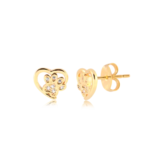 Brinco Patinha e Coração Com Zircônias Folheado a Ouro 18k