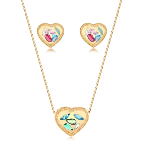 Conjunto Coração Com Pedras Folheado a Ouro 18k