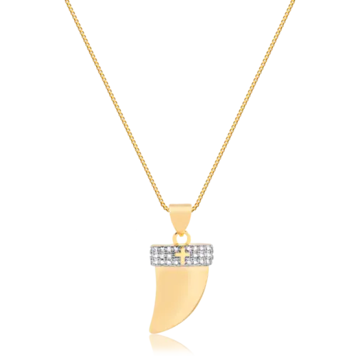 Pingente Dente de Sabre Cravejado e Cruz Folheado a Ouro 18k