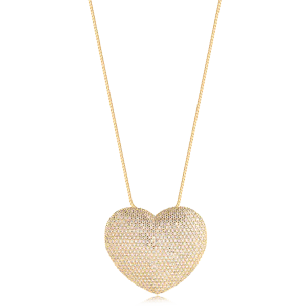 Gargantilha Coração 36x31mm Cravejada Com Zircônia Folheada a Ouro 18k