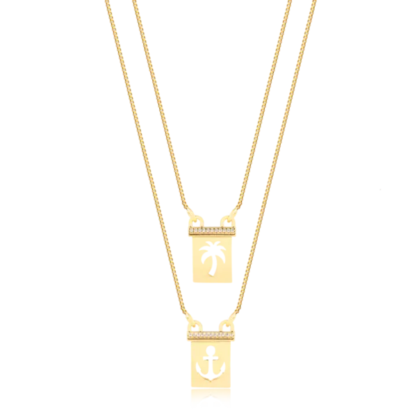 Escapulário Âncora/Coqueiro Com Pedras de Zircônia Folheada a Ouro 18k