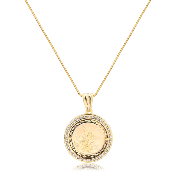 Pingente S. Miguel Arcanjo 30mm Zircônia Lateral Folheado a Ouro 18K