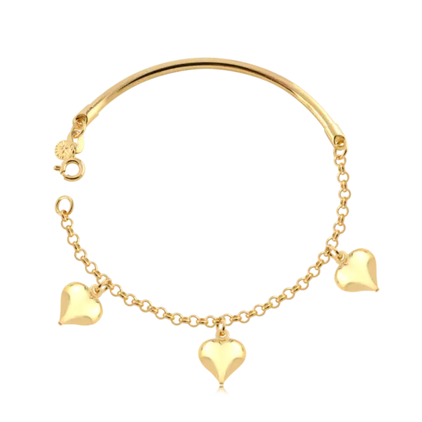 Pulseira Meio Aro Elo Português Corações Folheado a Ouro 18k