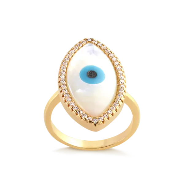 Anel Marquise Madrepérola Olho Grego Borda Com Zircônias Folheado a Ouro 18k