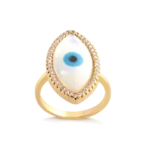 Anel Marquise Madrepérola Olho Grego Borda Com Zircônias Folheado a Ouro 18k