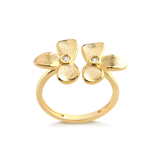 Anel Regulável Flor Textura e Zircônia Folheado a Ouro 18k