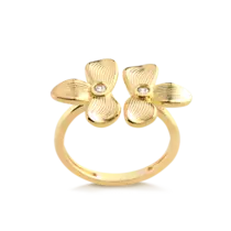 Anel Regulável Flor Textura e Zircônia Folheado a Ouro 18k