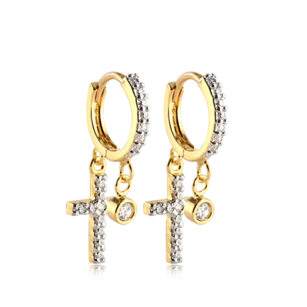 Argola Cruz e Ponto de Luz Cravejada Folheada a Ouro 18k