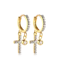 Argola Cruz e Ponto de Luz Cravejada Folheada a Ouro 18k