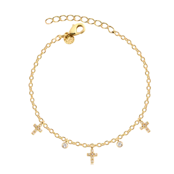 Pulseira Cruz Cravejada e Ponto de Luz Folheada a Ouro 18k